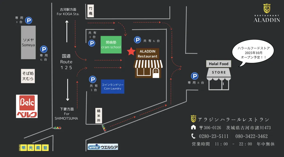 Aladdin Halal Restaurant周辺のイラストマップ（国道125号沿い）